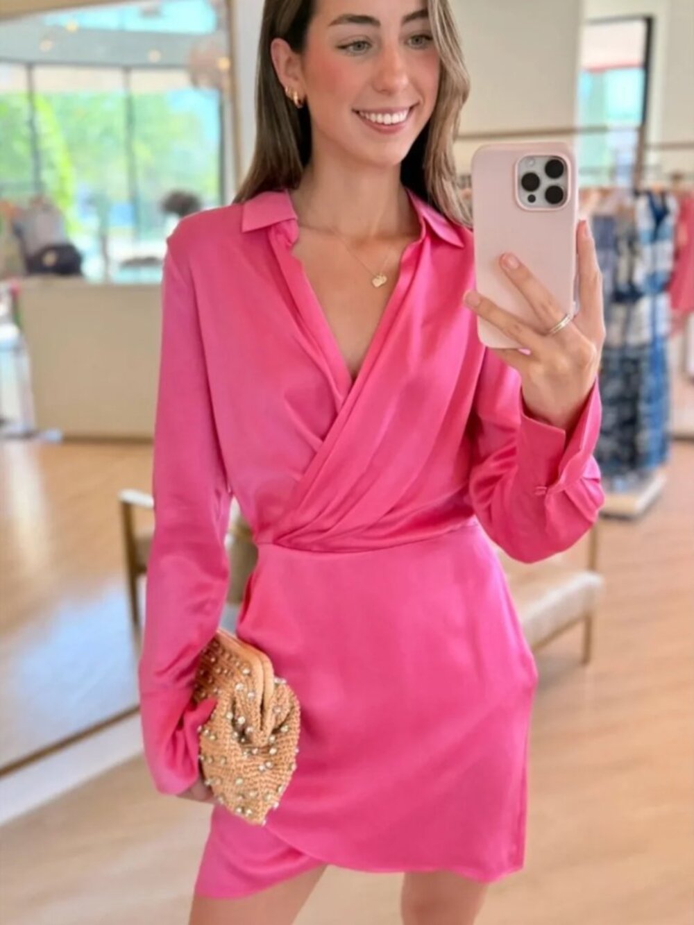 Favorite Daughter Dinner Party Mini Dress Hot Pink Wrap-Front Satin Women's 6